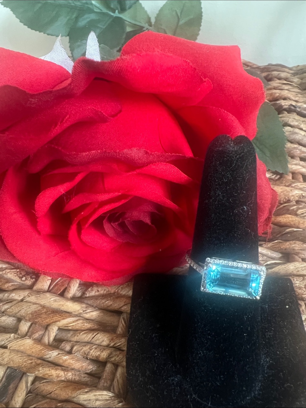 Blue East West Emerald-Cut Gemstone Halo Ring Sterling Silver- Women Jewelry